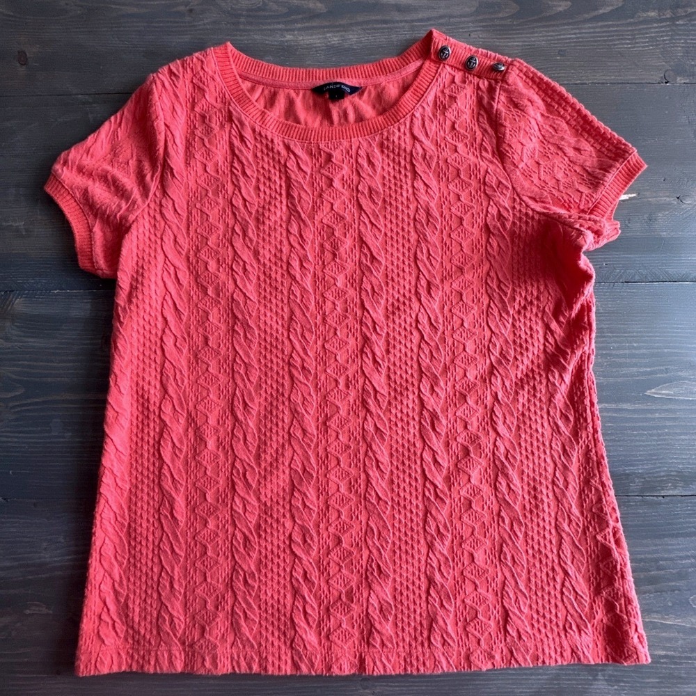 Lands' End Coral Pink Cable Knit Pullover Nautical Button Accents Women's Size L